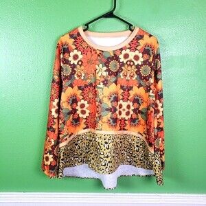 Women's Retro 70's Floral Inspired Cheetah Animal Print Long Sleeve Top SZ M